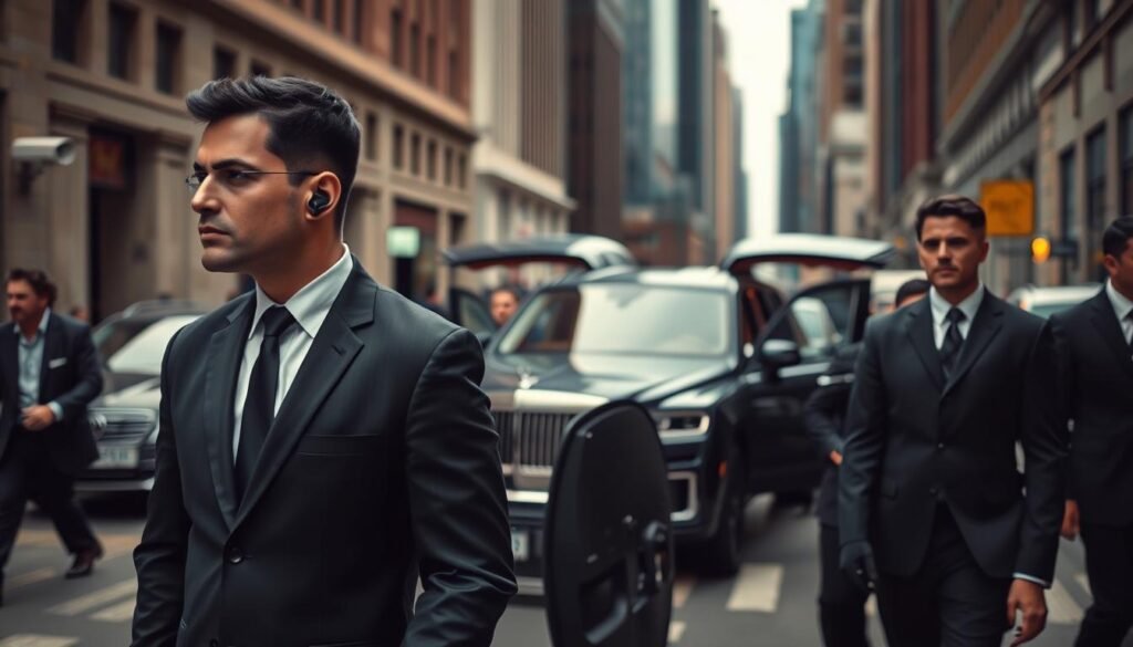 A high-level security team in action, showcasing a diverse group of professional bodyguards in sleek black suits, coordinating on a bustling city street. The foreground features a focus on two bodyguards communicating via earpieces, displaying alertness and professionalism. In the middle ground, a luxury vehicle is parked with its doors open, indicating a secure transport. Background elements include an urban setting with tall buildings and subtle security cameras, enhancing the sense of vigilance. Soft, ambient lighting creates a serious yet dynamic atmosphere, while a slight depth of field adds focus to the bodyguards. The overall mood conveys efficiency, teamwork, and a high level of professionalism in protecting high-profile individuals.