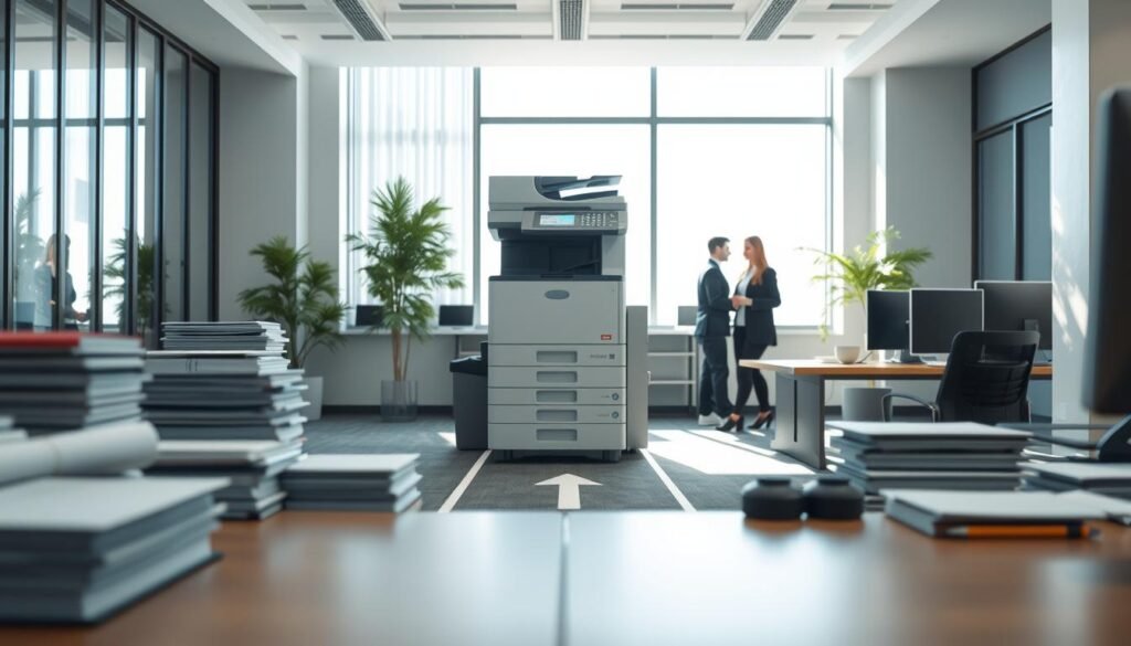 A modern office space featuring a strategically planned print station, including a sleek multifunction office copier. The foreground shows a well-organized desk area with neatly stacked papers and stationery. The middle section captures the copier surrounded by a clearly marked pathway, with arrows indicating optimal traffic flow for users in professional business attire. In the background, bright, natural light filters through large windows, casting soft shadows and creating a welcoming atmosphere. The overall mood is focused and efficient, reflecting a design aimed at enhancing workflow. The perspective is slightly elevated, showcasing the spatial layout and design elements without any distractions or text.