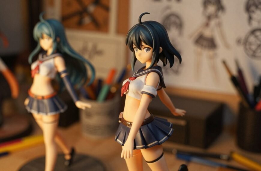 A close-up view of a beautifully designed anime figurine showcasing intricate features and craftsmanship. In the foreground, focus on the fine details of the material, highlighting textures that reflect light warmly. The middle ground features various angles of the figurine, capturing its dynamic pose and vibrant colors, all set against a softly blurred background of a cozy workshop filled with tools and sketches, evoking a sense of artistry and dedication. Warm, cinematic lighting bathes the scene, enhancing the intimate atmosphere. The overall mood should be inviting and creative, illustrating the unique characteristics that differentiate anime figurines from traditional models. 4:3 aspect ratio.