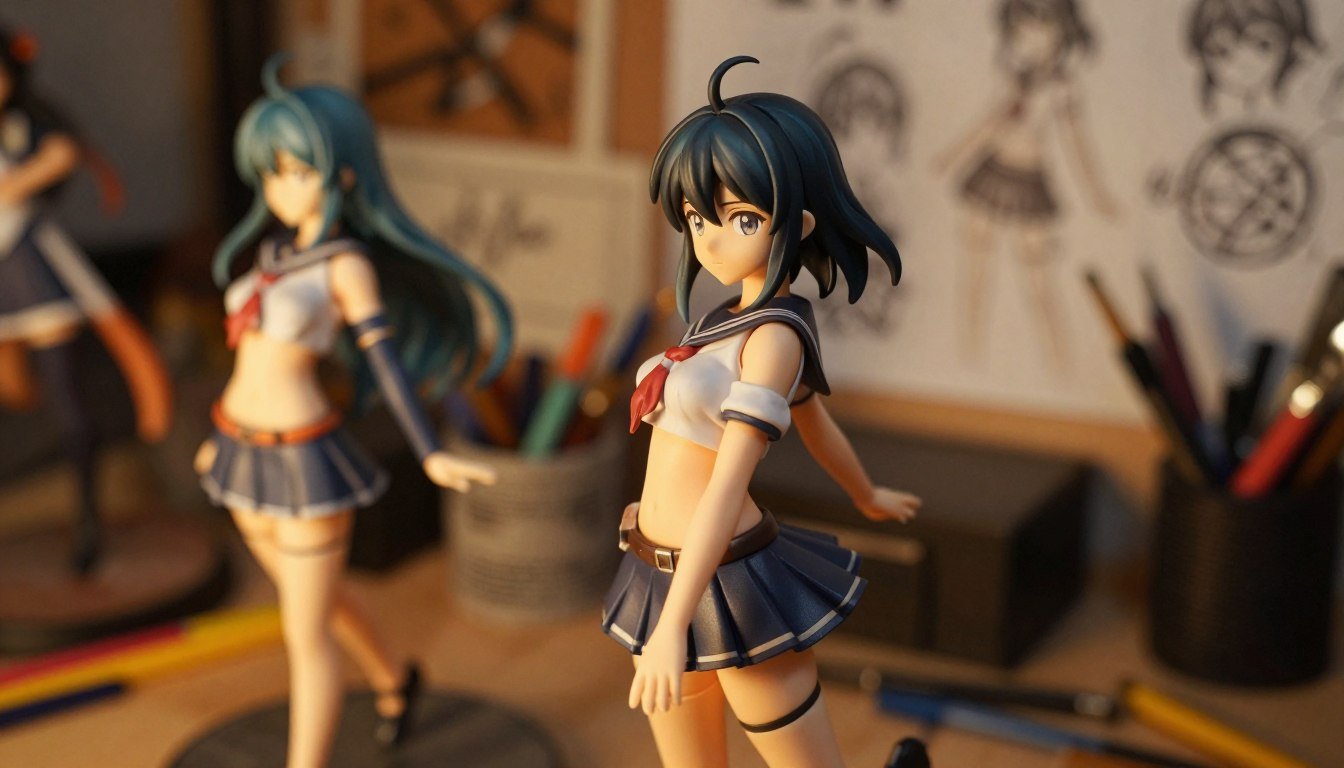 A close-up view of a beautifully designed anime figurine showcasing intricate features and craftsmanship. In the foreground, focus on the fine details of the material, highlighting textures that reflect light warmly. The middle ground features various angles of the figurine, capturing its dynamic pose and vibrant colors, all set against a softly blurred background of a cozy workshop filled with tools and sketches, evoking a sense of artistry and dedication. Warm, cinematic lighting bathes the scene, enhancing the intimate atmosphere. The overall mood should be inviting and creative, illustrating the unique characteristics that differentiate anime figurines from traditional models. 4:3 aspect ratio.
