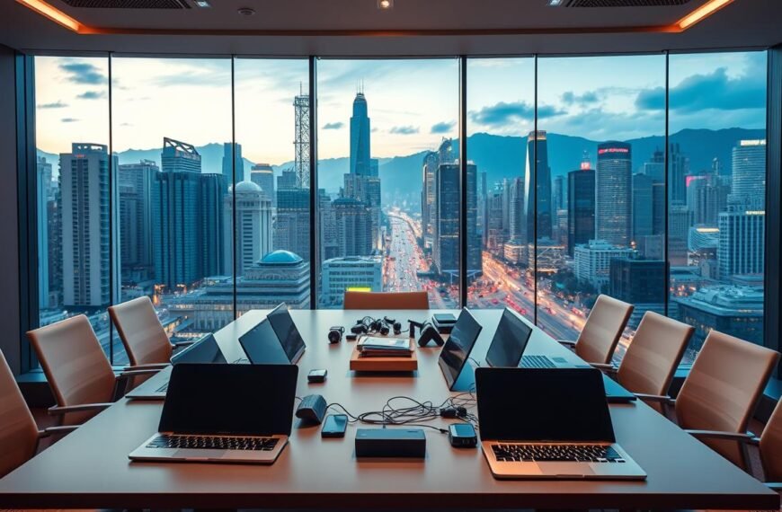A modern office space in Central, Hong Kong, showcasing a vibrant rental market analysis. In the foreground, a sleek conference table with a collection of high-tech laptops and digital devices, indicating a professional setting. In the middle ground, a panoramic window reveals a bustling urban landscape, including iconic skyscrapers and busy streets, reflecting the energy of the city. The background features a detailed city skyline at dusk, with colorful lights illuminating the buildings. Soft, warm lighting enhances the atmosphere, suggesting a sense of opportunity and growth in the commercial real estate market. Capture an overall professional and optimistic mood, ideal for analyzing the future of office rentals in Central. No people or text overlays in the image.