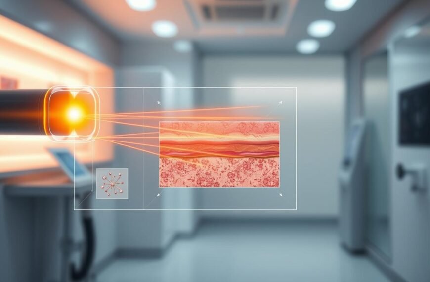 A detailed illustration of the principles behind "pico laser" technology used for skin spot removal, highlighting the rapid shockwave mechanism. In the foreground, showcase a transparent diagram illustrating the pico laser emitting focused beams of light onto skin cells, with examples of before and after skin textures. In the middle, display a stylized representation of skin layers being treated, emphasizing the effectiveness of the laser in breaking down melanin particles. In the background, create a softly blurred clinical environment that suggests a professional medical setting, illuminated by soft, focused lighting to create a sense of innovation and trust. The overall mood should convey a sense of advanced scientific technology, with an emphasis on clarity and precision in the image composition.