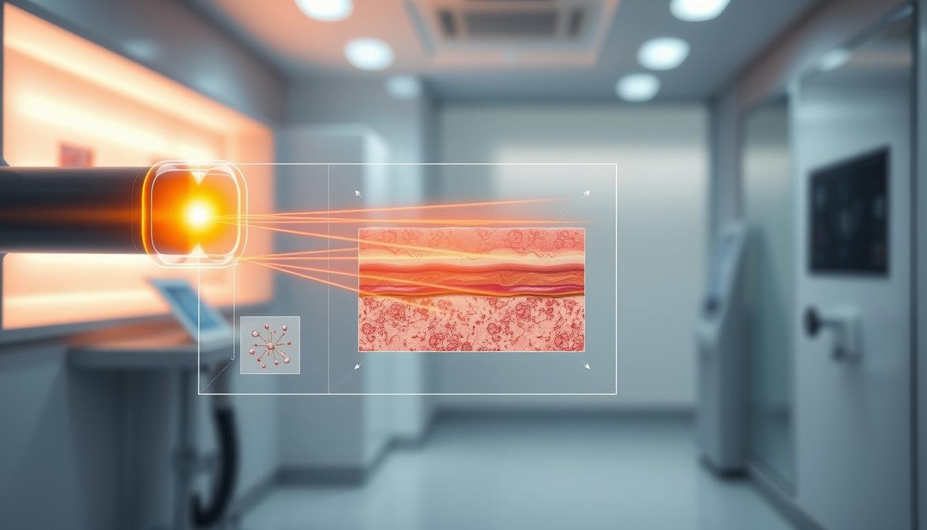 A detailed illustration of the principles behind "pico laser" technology used for skin spot removal, highlighting the rapid shockwave mechanism. In the foreground, showcase a transparent diagram illustrating the pico laser emitting focused beams of light onto skin cells, with examples of before and after skin textures. In the middle, display a stylized representation of skin layers being treated, emphasizing the effectiveness of the laser in breaking down melanin particles. In the background, create a softly blurred clinical environment that suggests a professional medical setting, illuminated by soft, focused lighting to create a sense of innovation and trust. The overall mood should convey a sense of advanced scientific technology, with an emphasis on clarity and precision in the image composition.