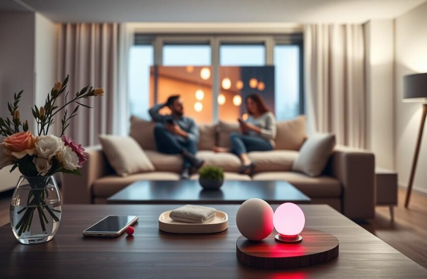 A serene and modern living space showcasing various discreet scenarios of using a wireless remote control silent vibrating egg. In the foreground, a stylish coffee table with an elegant vase of flowers and a smartphone, depicting a user engaged in a playful moment. The middle layer features a casually dressed couple enjoying a cozy movie night, with the remote control subtly placed nearby, hinting at the device's presence. In the background, soft ambient lighting enhances the warm atmosphere of the room, with plush furniture that invites relaxation. A large window allows for gentle natural light to filter in, adding a sense of tranquility and intimacy to the scene. The overall mood is playful yet refined, capturing the essence of discreet enjoyment in everyday life, all in a safe for work context.