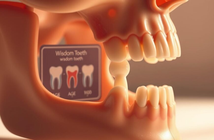 A close-up illustration of a human jaw with a focus on the eruption of wisdom teeth. The foreground features a detailed anatomical model showcasing a partially emerged wisdom tooth, highlighting its structure and positioning relative to other teeth. In the middle ground, include a dental chart showing the typical ages of wisdom tooth development, elegantly designed and subtly blurred to enhance depth. The background is softly gradiented to evoke a clinical, yet warm atmosphere, with diffused lighting casting gentle shadows to emphasize the contours of the jaw. The mood should be informative and inviting, suitable for an educational context, with a slight emphasis on the biological aspect of dental development.