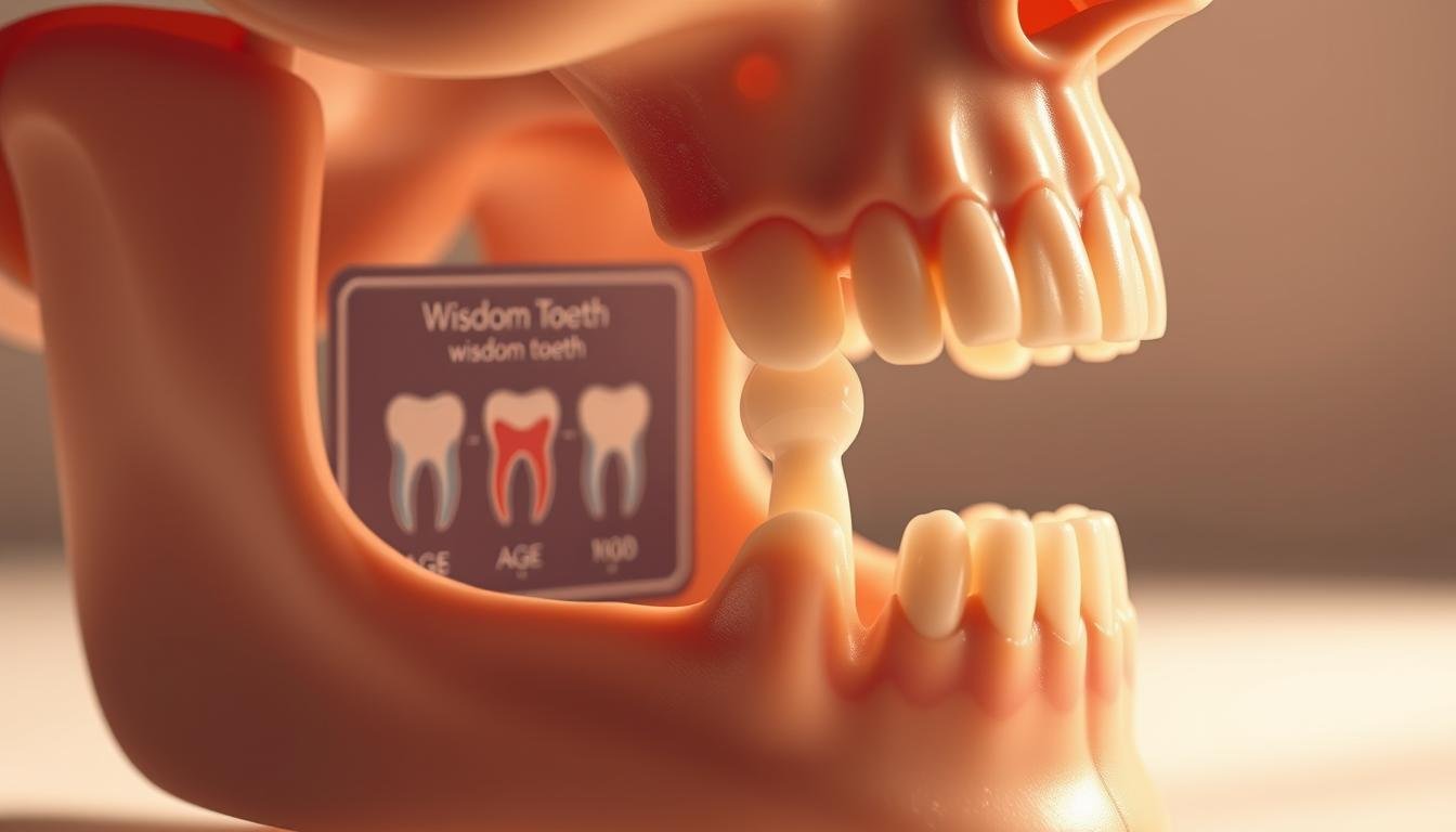 A close-up illustration of a human jaw with a focus on the eruption of wisdom teeth. The foreground features a detailed anatomical model showcasing a partially emerged wisdom tooth, highlighting its structure and positioning relative to other teeth. In the middle ground, include a dental chart showing the typical ages of wisdom tooth development, elegantly designed and subtly blurred to enhance depth. The background is softly gradiented to evoke a clinical, yet warm atmosphere, with diffused lighting casting gentle shadows to emphasize the contours of the jaw. The mood should be informative and inviting, suitable for an educational context, with a slight emphasis on the biological aspect of dental development.
