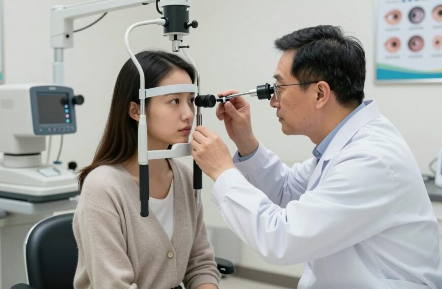 A detailed scene depicting an ophthalmologist examining a patient with severe myopia in a modern clinic. In the foreground, the ophthalmologist, a middle-aged Asian man in a crisp white coat and professional attire, uses an ophthalmoscope to check the patient’s eyes. The patient, a young Asian woman wearing modest casual clothing, sits attentively in an examination chair with a focused expression. In the middle ground, a well-lit exam room features high-tech equipment like a retinal camera and eye chart. The background shows medical posters about eye health, all under soft, natural lighting to create an inviting atmosphere. The overall mood is professional and reassuring, emphasizing the importance of eye care and the role of the ophthalmologist in preventing retinal detachment.