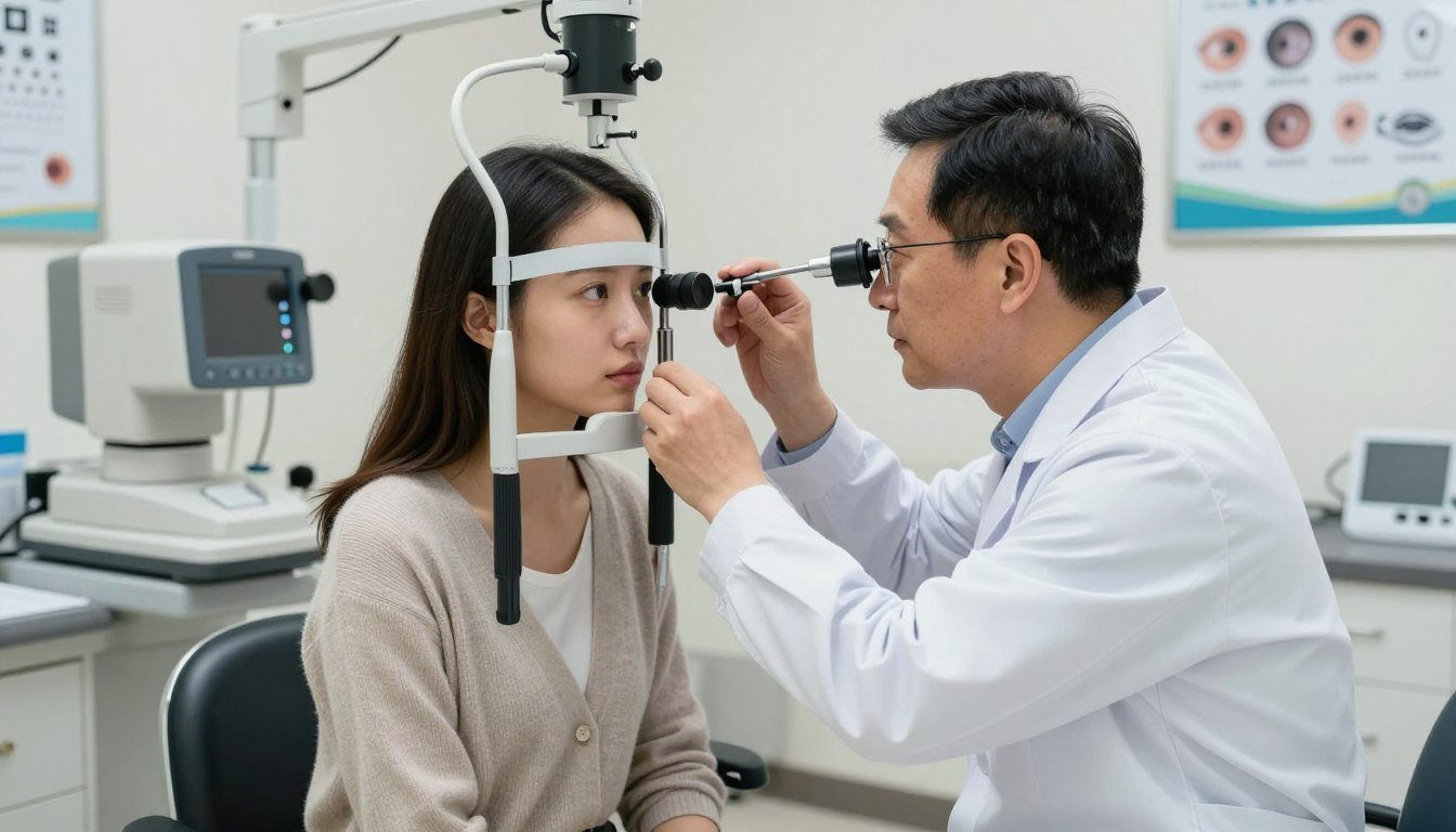 A detailed scene depicting an ophthalmologist examining a patient with severe myopia in a modern clinic. In the foreground, the ophthalmologist, a middle-aged Asian man in a crisp white coat and professional attire, uses an ophthalmoscope to check the patient’s eyes. The patient, a young Asian woman wearing modest casual clothing, sits attentively in an examination chair with a focused expression. In the middle ground, a well-lit exam room features high-tech equipment like a retinal camera and eye chart. The background shows medical posters about eye health, all under soft, natural lighting to create an inviting atmosphere. The overall mood is professional and reassuring, emphasizing the importance of eye care and the role of the ophthalmologist in preventing retinal detachment.