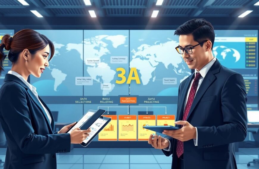 A sleek, modern illustration depicting the "3A平台結算流程" for international sports event settlements. In the foreground, a professional businesswoman in tailored attire is engaged in a discussion with a businessman, both examining digital tablet displays showing graphs and flowcharts. The middle ground features a visually appealing flowchart diagram representing the settlement process with labeled stages, including data collection, verification, and payment processing. The background showcases a high-tech office environment with large screens displaying global maps and sports statistics. Bright, focused lighting highlights the teamwork and collaboration atmosphere, with a sense of efficiency and professionalism. The overall mood conveys innovation and clarity in cross-border sports event management, emphasizing the role of the "3A" brand in this process.