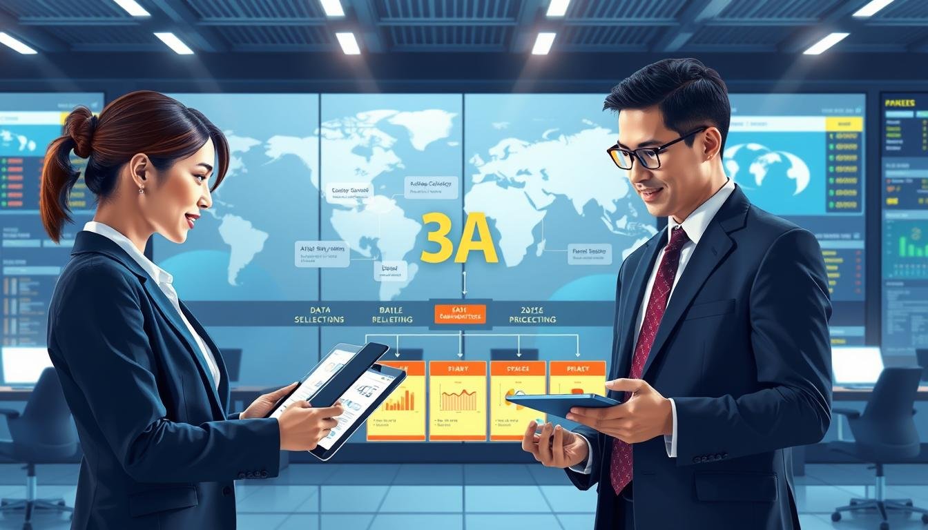 A sleek, modern illustration depicting the "3A平台結算流程" for international sports event settlements. In the foreground, a professional businesswoman in tailored attire is engaged in a discussion with a businessman, both examining digital tablet displays showing graphs and flowcharts. The middle ground features a visually appealing flowchart diagram representing the settlement process with labeled stages, including data collection, verification, and payment processing. The background showcases a high-tech office environment with large screens displaying global maps and sports statistics. Bright, focused lighting highlights the teamwork and collaboration atmosphere, with a sense of efficiency and professionalism. The overall mood conveys innovation and clarity in cross-border sports event management, emphasizing the role of the "3A" brand in this process.