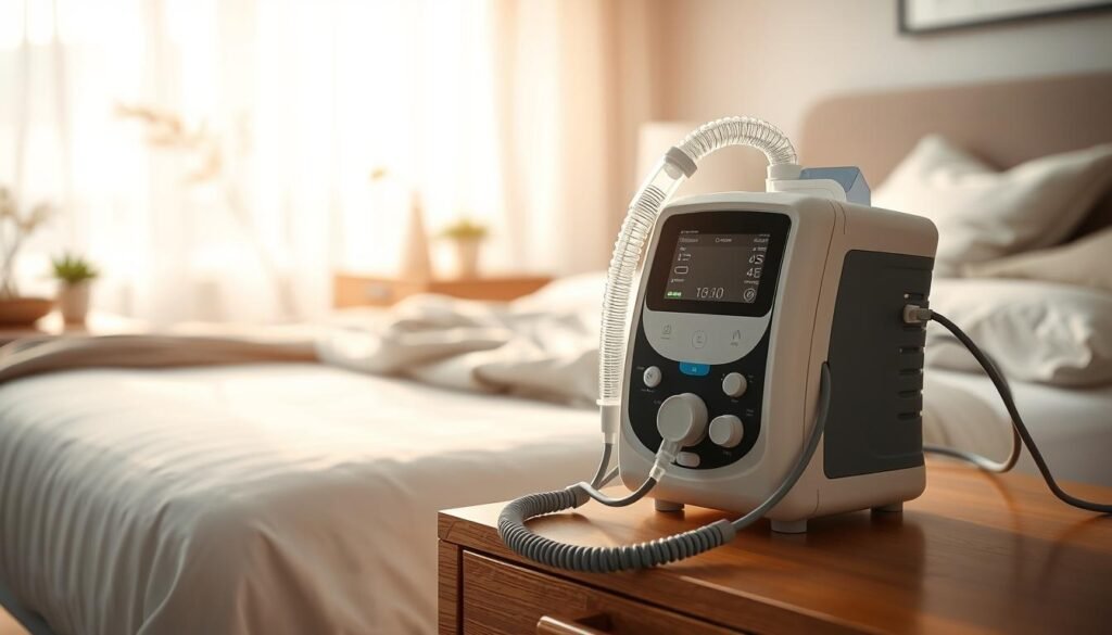 A clean, well-lit bedroom scene depicting a sleep apnea machine prominently on a bedside table. In the foreground, the machine is detailed, showcasing its various settings and connecting tubes. A comfortable bed with a neatly arranged blanket is visible in the background, inviting and calming. Soft, warm lighting filters through a window, creating a serene atmosphere that emphasizes health and wellness. The room is decorated with minimalistic decor, adding to the peaceful vibe. The overall mood should convey tranquility and support for good sleep habits, making it clear that the focus is on the important usage notes for the sleep apnea machine, without incorporating any human figures or text in the image.