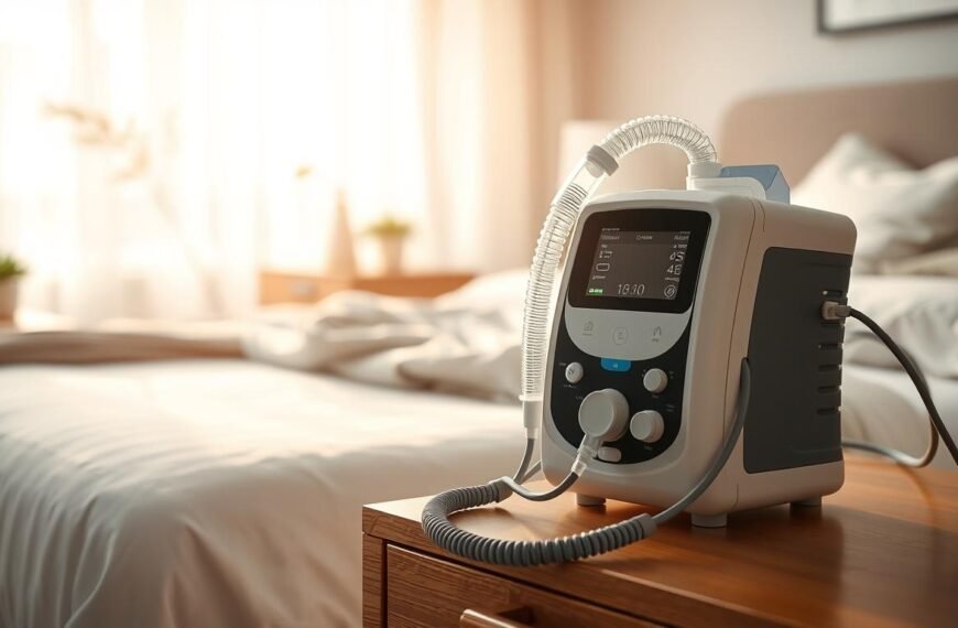 A clean, well-lit bedroom scene depicting a sleep apnea machine prominently on a bedside table. In the foreground, the machine is detailed, showcasing its various settings and connecting tubes. A comfortable bed with a neatly arranged blanket is visible in the background, inviting and calming. Soft, warm lighting filters through a window, creating a serene atmosphere that emphasizes health and wellness. The room is decorated with minimalistic decor, adding to the peaceful vibe. The overall mood should convey tranquility and support for good sleep habits, making it clear that the focus is on the important usage notes for the sleep apnea machine, without incorporating any human figures or text in the image.
