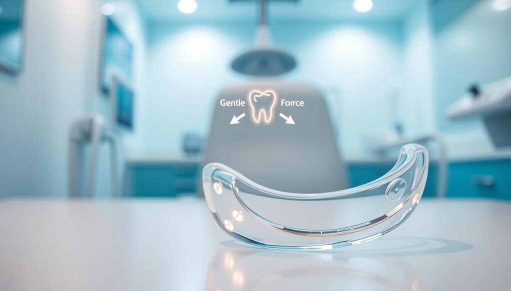 A close-up composition focusing on a clear Invisalign SmartTrack aligner, positioned prominently in the foreground. The aligner displays its transparent material, showcasing its flexibility and comfort features. In the middle ground, subtle illustrations of tooth movement represented by softly glowing, animated arrows demonstrating gentle force application can be incorporated. The background should feature a softly lit dental clinic environment, with a soothing color palette of blues and whites to evoke a sense of professionalism and comfort. The lighting should be bright, evenly distributed to highlight the features of the aligner while maintaining a clean and inviting atmosphere. The mood should be informative yet approachable, conveying the advanced technology and clinical advantages of using Invisalign's SmartTrack material. A close-up composition focusing on a clear Invisalign SmartTrack aligner, positioned prominently in the foreground. The aligner displays its transparent material, showcasing its flexibility and comfort features. In the middle ground, subtle illustrations of tooth movement represented by softly glowing, animated arrows demonstrating gentle force application can be incorporated. The background should feature a softly lit dental clinic environment, with a soothing color palette of blues and whites to evoke a sense of professionalism and comfort. The lighting should be bright, evenly distributed to highlight the features of the aligner while maintaining a clean and inviting atmosphere. The mood should be informative yet approachable, conveying the advanced technology and clinical advantages of using Invisalign's SmartTrack material.