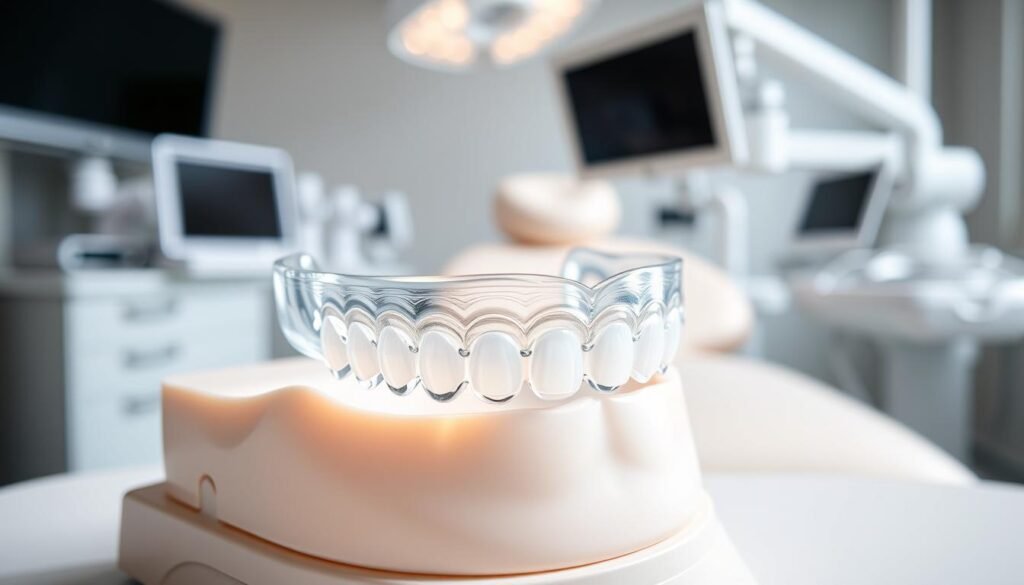 A close-up view of a crystal-clear Invisalign aligner placed delicately on a dental model. In the foreground, the aligner is highlighted with intricate details, showing its transparent design and precise fit over the model's teeth. In the middle ground, soft lighting casts gentle shadows, enhancing the contours of both the aligner and the dental model, which is set against a light, neutral backdrop that subtly suggests a dental clinic environment. The background fades into a slightly blurred dental office, featuring high-tech equipment and tools, creating an atmosphere of professionalism and innovation. The mood is clinical yet inviting, emphasizing the advanced technology behind Invisalign's SmartTrack material and its accuracy in tooth movement. A close-up view of a crystal-clear Invisalign aligner placed delicately on a dental model. In the foreground, the aligner is highlighted with intricate details, showing its transparent design and precise fit over the model's teeth. In the middle ground, soft lighting casts gentle shadows, enhancing the contours of both the aligner and the dental model, which is set against a light, neutral backdrop that subtly suggests a dental clinic environment. The background fades into a slightly blurred dental office, featuring high-tech equipment and tools, creating an atmosphere of professionalism and innovation. The mood is clinical yet inviting, emphasizing the advanced technology behind Invisalign's SmartTrack material and its accuracy in tooth movement.