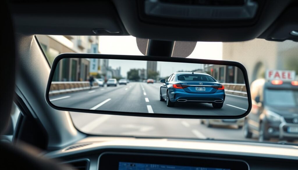 A modern car interior featuring a high-tech electronic rearview mirror displaying a wide-angle view of the road behind. In the foreground, the rearview mirror is highlighted with intricate details, showcasing advanced technology and sleek design. The middle ground includes a clear image of a blue sedan changing lanes, creating a sense of urgency. In the background, a blurred urban landscape suggests a busy street with various vehicles. Soft, natural lighting emphasizes the reflection in the mirror, creating a realistic atmosphere. The focus is on the functionality of the electronic mirror, evoking a feeling of safety and awareness on the road while maintaining a professional and informative tone. No text, logos, or watermarks are present.