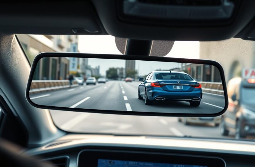 A modern car interior featuring a high-tech electronic rearview mirror displaying a wide-angle view of the road behind. In the foreground, the rearview mirror is highlighted with intricate details, showcasing advanced technology and sleek design. The middle ground includes a clear image of a blue sedan changing lanes, creating a sense of urgency. In the background, a blurred urban landscape suggests a busy street with various vehicles. Soft, natural lighting emphasizes the reflection in the mirror, creating a realistic atmosphere. The focus is on the functionality of the electronic mirror, evoking a feeling of safety and awareness on the road while maintaining a professional and informative tone. No text, logos, or watermarks are present.