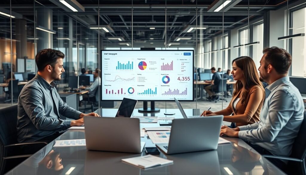 A modern office environment showcasing a professional team collaborating on a transparent affiliate partnership system. In the foreground, three diverse individuals, two men and one woman, dressed in smart business attire, are engaged in a discussion around a sleek conference table filled with laptops, charts, and reports. The middle ground features large screens displaying graphs and metrics illustrating traffic points and member feedback within a digital dashboard. In the background, glass walls reveal a bustling office space with employees working on computers, emphasizing a dynamic business atmosphere. Soft, natural lighting streams through the windows, creating an inviting ambiance while highlighting the focus on collaboration and transparency. The overall mood conveys professionalism and innovation.