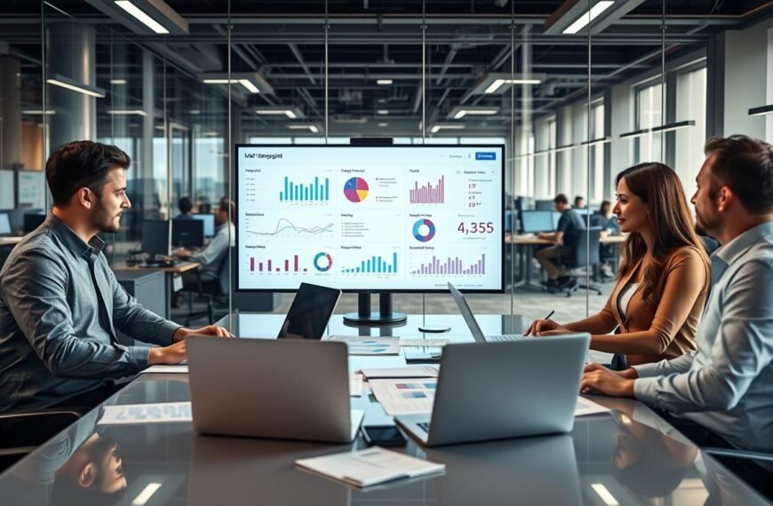 A modern office environment showcasing a professional team collaborating on a transparent affiliate partnership system. In the foreground, three diverse individuals, two men and one woman, dressed in smart business attire, are engaged in a discussion around a sleek conference table filled with laptops, charts, and reports. The middle ground features large screens displaying graphs and metrics illustrating traffic points and member feedback within a digital dashboard. In the background, glass walls reveal a bustling office space with employees working on computers, emphasizing a dynamic business atmosphere. Soft, natural lighting streams through the windows, creating an inviting ambiance while highlighting the focus on collaboration and transparency. The overall mood conveys professionalism and innovation.