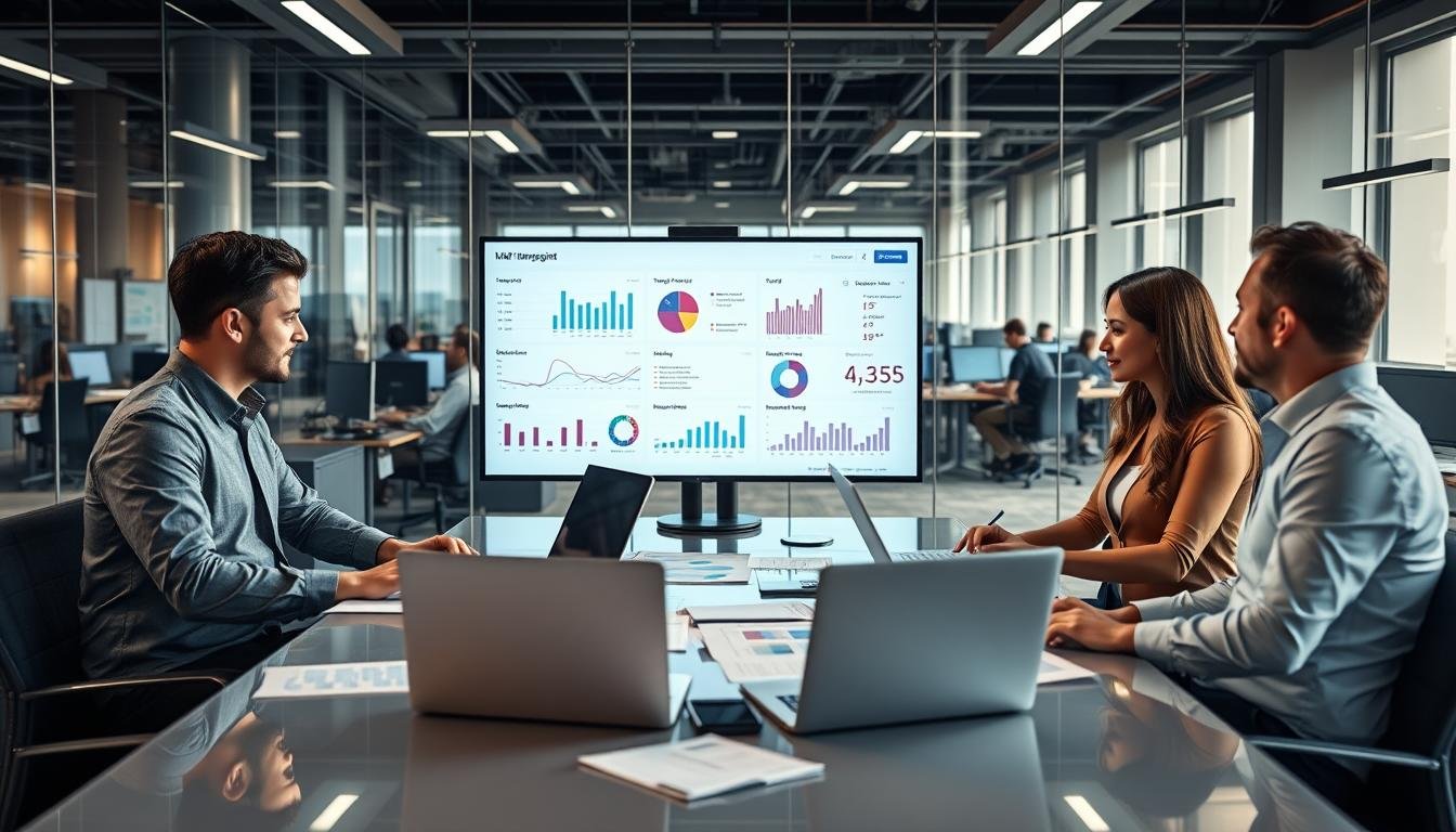 A modern office environment showcasing a professional team collaborating on a transparent affiliate partnership system. In the foreground, three diverse individuals, two men and one woman, dressed in smart business attire, are engaged in a discussion around a sleek conference table filled with laptops, charts, and reports. The middle ground features large screens displaying graphs and metrics illustrating traffic points and member feedback within a digital dashboard. In the background, glass walls reveal a bustling office space with employees working on computers, emphasizing a dynamic business atmosphere. Soft, natural lighting streams through the windows, creating an inviting ambiance while highlighting the focus on collaboration and transparency. The overall mood conveys professionalism and innovation.
