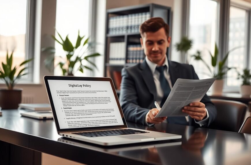 A professional and serene office environment featuring a sleek, modern desk with a laptop displaying a digital privacy policy document. In the foreground, a well-dressed individual in business attire, casually reviewing the document, highlighting key points with a pen. The middle ground showcases a bookshelf filled with legal books and potted plants to add warmth. In the background, large windows let in soft, natural light, illuminating the space and creating a welcoming atmosphere. The overall mood is focused and informative, emphasizing the importance of privacy and clarity in online engagement, all captured in a balanced composition with a shallow depth of field, drawing attention to the individual and the document.