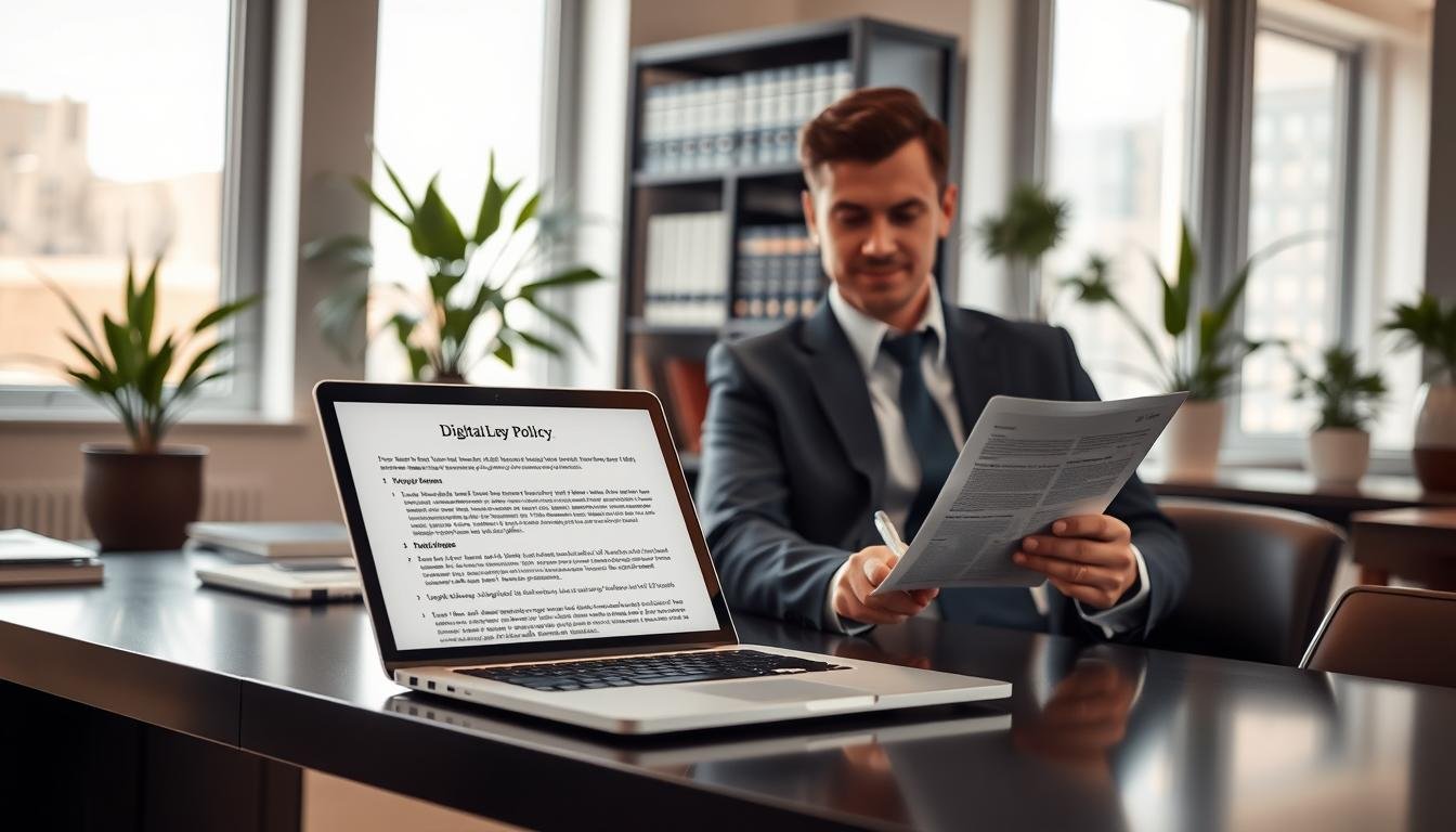 A professional and serene office environment featuring a sleek, modern desk with a laptop displaying a digital privacy policy document. In the foreground, a well-dressed individual in business attire, casually reviewing the document, highlighting key points with a pen. The middle ground showcases a bookshelf filled with legal books and potted plants to add warmth. In the background, large windows let in soft, natural light, illuminating the space and creating a welcoming atmosphere. The overall mood is focused and informative, emphasizing the importance of privacy and clarity in online engagement, all captured in a balanced composition with a shallow depth of field, drawing attention to the individual and the document.
