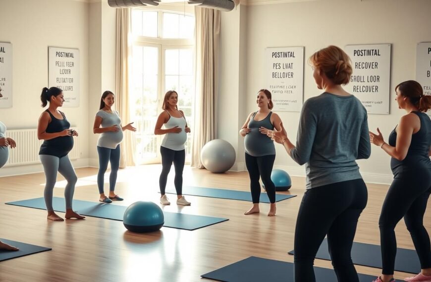 A serene and well-lit gym environment showcases a professional postnatal recovery exercise session. In the foreground, a diverse group of women in modest, comfortable athletic wear are engaged in gentle pelvic floor reload movements, demonstrating focus and determination. A certified instructor, also in professional attire, guides them with supportive gestures. In the middle ground, exercise mats and Swiss balls are neatly organized, while soft, natural light streams through large windows, creating a calming atmosphere. The background features motivational posters about postnatal health and well-being, enhancing the positive mood. The image captures a sense of community, empowerment, and the importance of professional guidance in postnatal recovery. The perspective is a slightly elevated angle, providing a broad view of the exercise space, emphasizing the supportive environment.