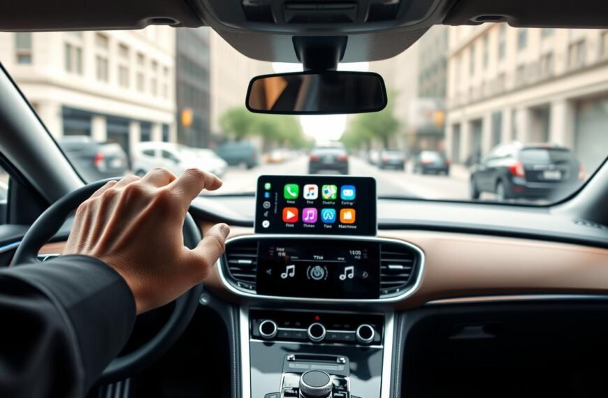 A sleek and modern car interior featuring an advanced CarPlay interface displayed on a high-resolution touchscreen. The foreground presents a hand adjusting the settings on the screen, showcasing user-friendly icons and vibrant colors. In the middle, a stylish dashboard with elegant controls and ambient lighting complements the technology. The background should depict a smooth, blurred city street, symbolizing a seamless driving experience. Soft, natural lighting filters through the car’s windows, enhancing the sophisticated atmosphere. Capture the mood of innovation and connectivity, focusing on the CarPlay environment that emphasizes stability and functionality while driving. The overall composition should communicate a high-tech, professional solution in automotive technology.