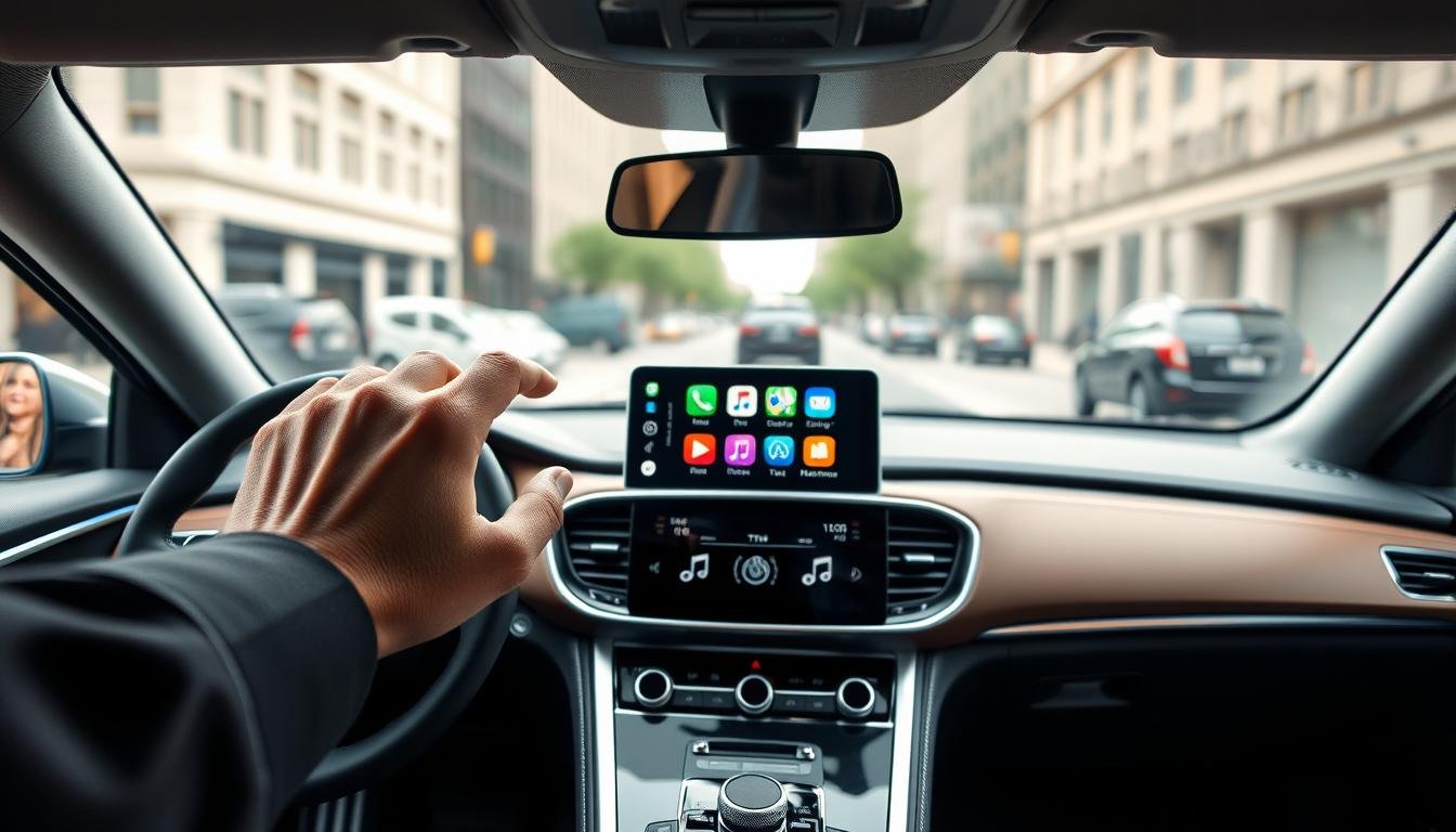 A sleek and modern car interior featuring an advanced CarPlay interface displayed on a high-resolution touchscreen. The foreground presents a hand adjusting the settings on the screen, showcasing user-friendly icons and vibrant colors. In the middle, a stylish dashboard with elegant controls and ambient lighting complements the technology. The background should depict a smooth, blurred city street, symbolizing a seamless driving experience. Soft, natural lighting filters through the car’s windows, enhancing the sophisticated atmosphere. Capture the mood of innovation and connectivity, focusing on the CarPlay environment that emphasizes stability and functionality while driving. The overall composition should communicate a high-tech, professional solution in automotive technology.