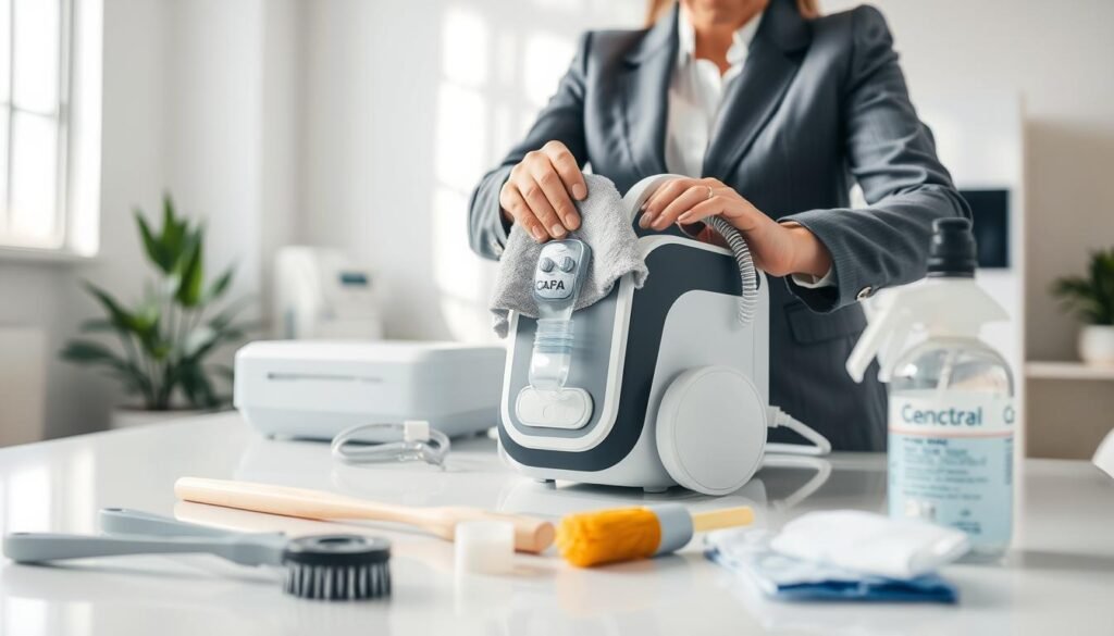 A clean and well-organized workspace showcasing the proper cleaning methods for a sleep apnea machine. In the foreground, a technician in a white lab coat carefully wipes down a modern CPAP machine with a microfiber cloth, demonstrating attention to detail. The middle ground features various cleaning tools like brushes and disinfecting wipes neatly arranged on a table. The background depicts an airy, bright medical office with soft natural light streaming through a window, creating a serene atmosphere. The overall mood is professional and informative, focusing on hygiene and safety. The angle captures the technician's focused expression and the gleaming surfaces of the equipment, emphasizing the importance of proper maintenance without any distractions.