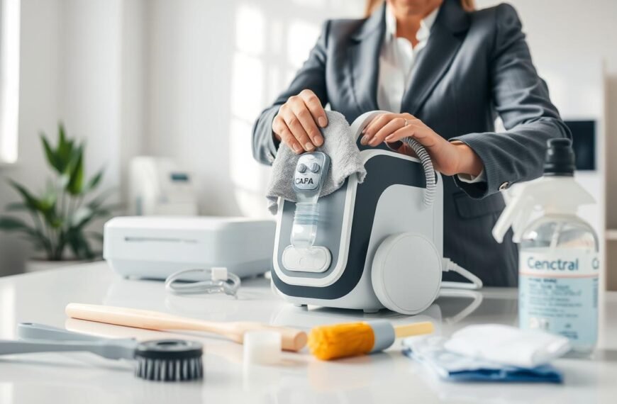 A clean and well-organized workspace showcasing the proper cleaning methods for a sleep apnea machine. In the foreground, a technician in a white lab coat carefully wipes down a modern CPAP machine with a microfiber cloth, demonstrating attention to detail. The middle ground features various cleaning tools like brushes and disinfecting wipes neatly arranged on a table. The background depicts an airy, bright medical office with soft natural light streaming through a window, creating a serene atmosphere. The overall mood is professional and informative, focusing on hygiene and safety. The angle captures the technician's focused expression and the gleaming surfaces of the equipment, emphasizing the importance of proper maintenance without any distractions.