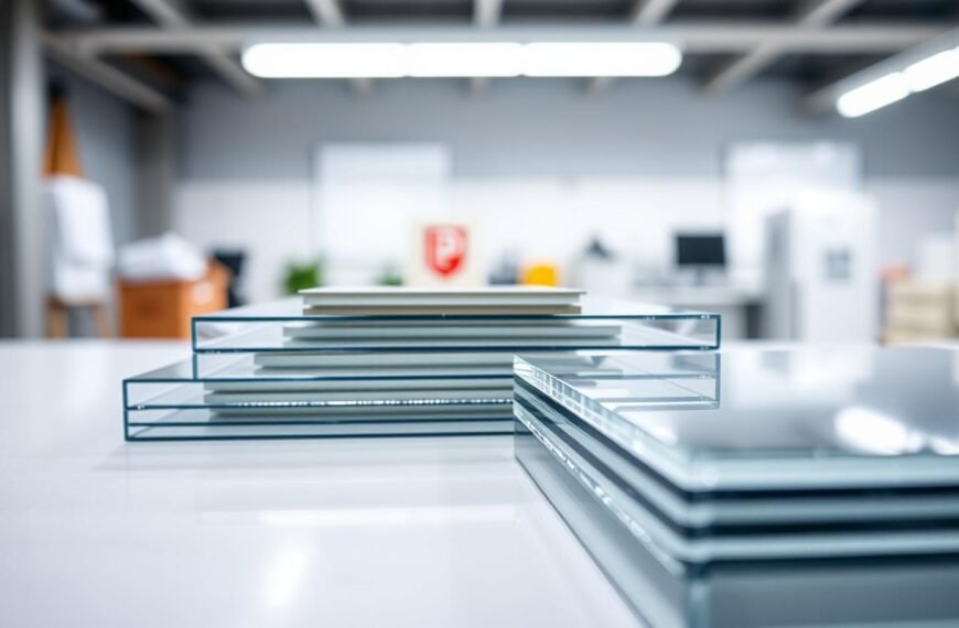 A close-up view of flat polycarbonate sheets stacked neatly, showcasing their glossy, transparent surface. The foreground features a single sheet angled to highlight its optical clarity, with soft reflections of light glimmering off its surface. In the middle ground, additional sheets are arranged, illustrating their varying thicknesses and finishes. The background consists of a subtle, blurred workspace environment with soft diffuse lighting, emphasizing a professional, clean atmosphere. The scene is photographed at a low angle, enhancing the sheets' thickness and structural integrity. The overall mood is crisp, modern, and focused, conveying the quality and benefits of flat polycarbonate sheets in a visually appealing manner.