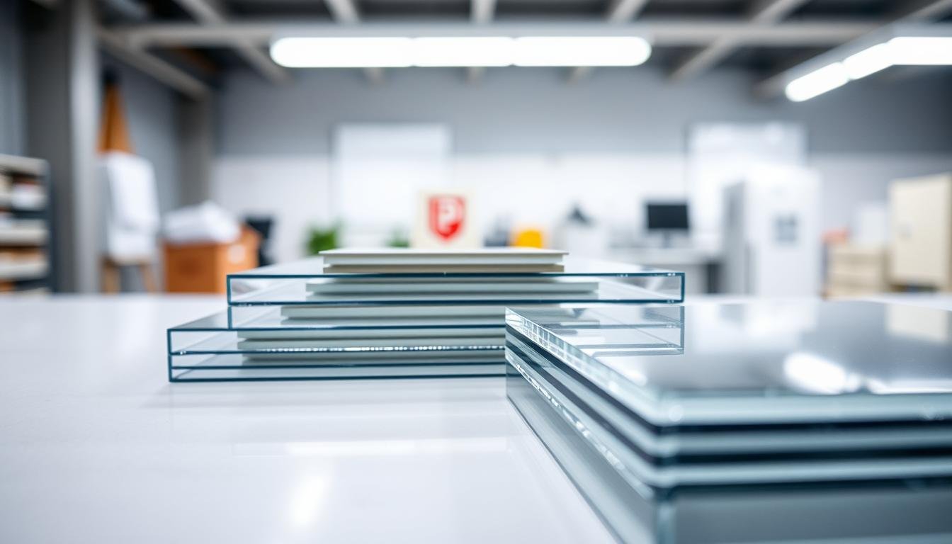 A close-up view of flat polycarbonate sheets stacked neatly, showcasing their glossy, transparent surface. The foreground features a single sheet angled to highlight its optical clarity, with soft reflections of light glimmering off its surface. In the middle ground, additional sheets are arranged, illustrating their varying thicknesses and finishes. The background consists of a subtle, blurred workspace environment with soft diffuse lighting, emphasizing a professional, clean atmosphere. The scene is photographed at a low angle, enhancing the sheets' thickness and structural integrity. The overall mood is crisp, modern, and focused, conveying the quality and benefits of flat polycarbonate sheets in a visually appealing manner.