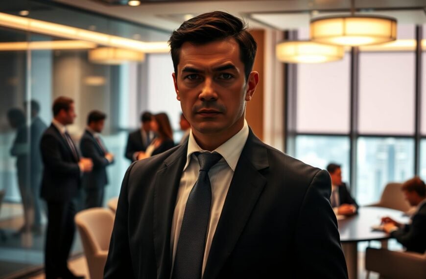 A highly skilled private bodyguard service scene set in an upscale, modern conference room. In the foreground, a professional-looking bodyguard in a well-fitted suit stands alert, his expression focused and vigilant. He has an earpiece and is subtly scanning the environment. In the middle, a diverse group of business professionals engaged in discussion, dressed in formal business attire, conveying a sense of high-stakes negotiation. The background features sleek glass walls, ambient lighting highlighting the sophisticated decor, and a large window showing a skyline view of Hong Kong. The overall mood is tense but focused, emphasizing the importance of security and confidentiality in business. The image should have a realistic style, with soft lighting that brings warmth to the corporate setting.