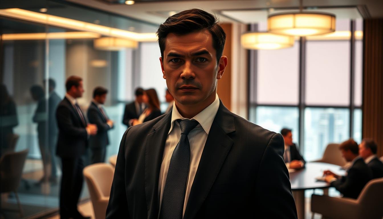 A highly skilled private bodyguard service scene set in an upscale, modern conference room. In the foreground, a professional-looking bodyguard in a well-fitted suit stands alert, his expression focused and vigilant. He has an earpiece and is subtly scanning the environment. In the middle, a diverse group of business professionals engaged in discussion, dressed in formal business attire, conveying a sense of high-stakes negotiation. The background features sleek glass walls, ambient lighting highlighting the sophisticated decor, and a large window showing a skyline view of Hong Kong. The overall mood is tense but focused, emphasizing the importance of security and confidentiality in business. The image should have a realistic style, with soft lighting that brings warmth to the corporate setting.