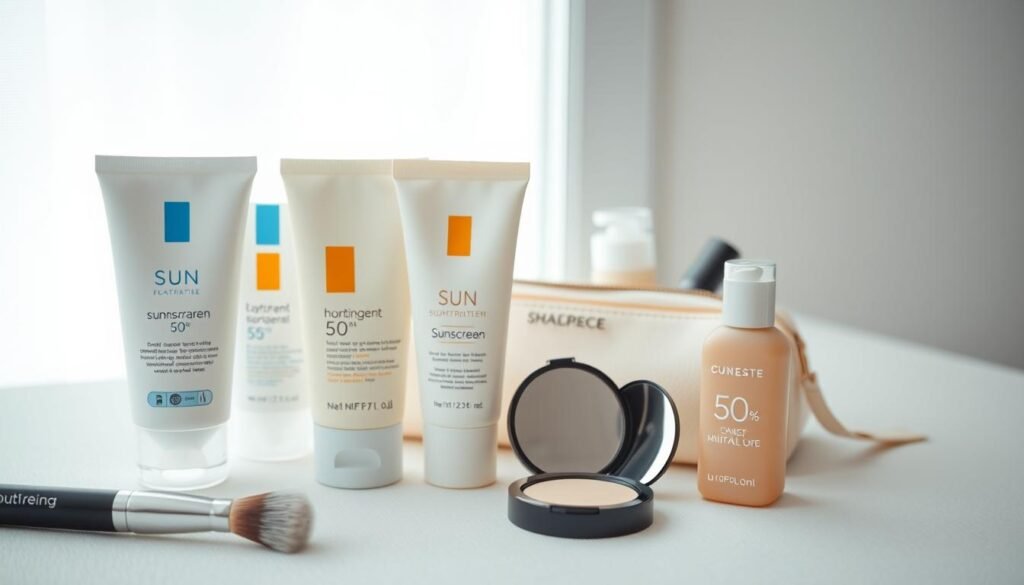 A minimalist flat lay of various sunscreen products displayed on a light, textured background. In the foreground, arrange three different sunscreen bottles with sleek designs, showcasing their labels facing upward, emphasizing their hydrating and lightweight formulas. Include a professional makeup brush and a small powder compact nearby, suggesting a makeup application context. In the middle ground, add a soft-focus, elegant cosmetic bag partially opened to reveal a few basic makeup essentials. The background should feature a softly diffused light coming from a window, creating a fresh and inviting atmosphere. Aim for a clean, serene vibe that conveys the importance of proper layering in skincare and makeup for a flawless look.