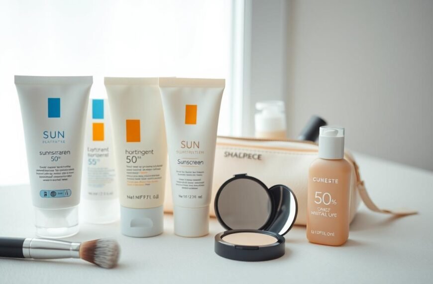 A minimalist flat lay of various sunscreen products displayed on a light, textured background. In the foreground, arrange three different sunscreen bottles with sleek designs, showcasing their labels facing upward, emphasizing their hydrating and lightweight formulas. Include a professional makeup brush and a small powder compact nearby, suggesting a makeup application context. In the middle ground, add a soft-focus, elegant cosmetic bag partially opened to reveal a few basic makeup essentials. The background should feature a softly diffused light coming from a window, creating a fresh and inviting atmosphere. Aim for a clean, serene vibe that conveys the importance of proper layering in skincare and makeup for a flawless look.