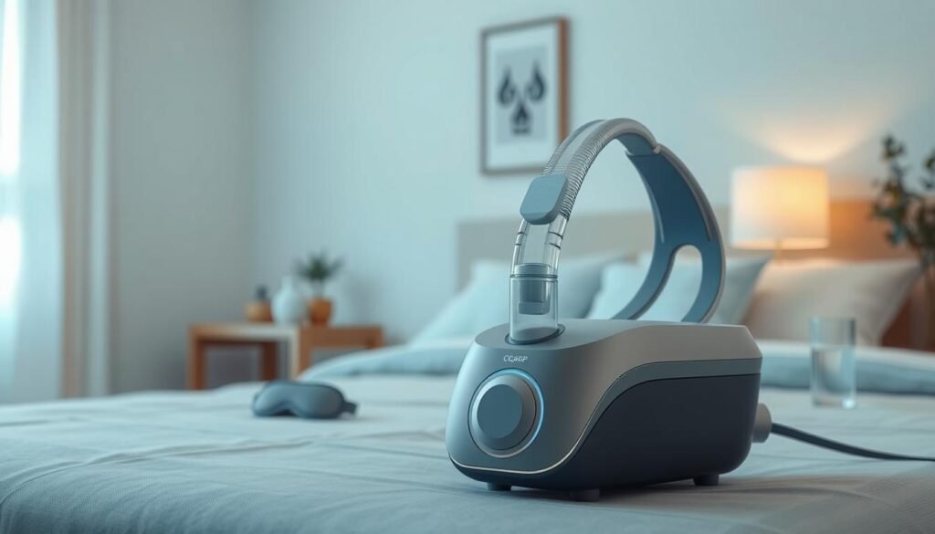 A modern CPAP machine with an innovative exhaust design, showcased prominently in the foreground. The device features sleek lines, a futuristic aesthetic, and intuitive controls with soft backlighting, implying advanced technology. In the middle ground, display a well-organized, calming bedroom setting, with gentle colors and soft textures that suggest tranquility and comfort. Include a bedside table with a sleep mask and a glass of water, adding context to the CPAP machine's use in a restful environment. The background should feature subtle wall art and a serene window, softly illuminated by morning light, creating a peaceful atmosphere that invites relaxation. Use a slightly elevated angle to capture the entirety of the scene, emphasizing the importance of the CPAP design in improving sleep quality.