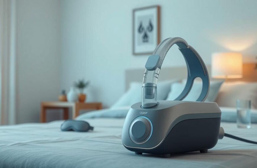 A modern CPAP machine with an innovative exhaust design, showcased prominently in the foreground. The device features sleek lines, a futuristic aesthetic, and intuitive controls with soft backlighting, implying advanced technology. In the middle ground, display a well-organized, calming bedroom setting, with gentle colors and soft textures that suggest tranquility and comfort. Include a bedside table with a sleep mask and a glass of water, adding context to the CPAP machine's use in a restful environment. The background should feature subtle wall art and a serene window, softly illuminated by morning light, creating a peaceful atmosphere that invites relaxation. Use a slightly elevated angle to capture the entirety of the scene, emphasizing the importance of the CPAP design in improving sleep quality.