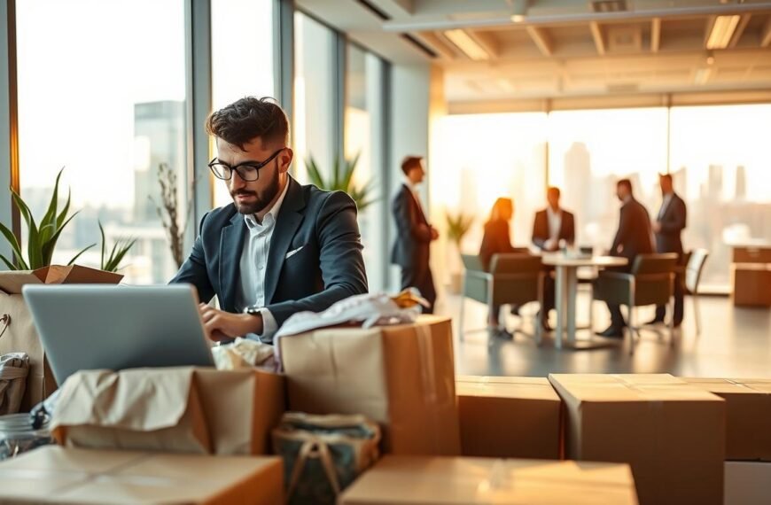 A detailed composition showcasing the differences between personal and professional procurement services in the U.S. In the foreground, a well-dressed individual working on a laptop, surrounded by packages and products, representing the personal touch of informal shopping. In the middle ground, a sleek, modern office setting with a team of business professionals discussing strategy, highlighting the structured approach of a company-driven model. The background features a large window with a cityscape, the sunlight casting a warm glow into the space, creating an inviting atmosphere. Use a wide-angle lens to emphasize the contrast in environments, with bright, clear lighting to capture the professionalism of corporate procurement versus the casual yet focused demeanor of individual buyers. Aim for a balanced, informative mood that illustrates the evolving landscape of personal vs. corporate shopping in the U.S.