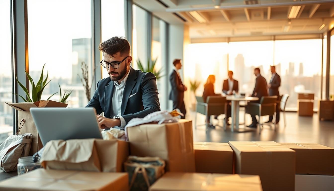 A detailed composition showcasing the differences between personal and professional procurement services in the U.S. In the foreground, a well-dressed individual working on a laptop, surrounded by packages and products, representing the personal touch of informal shopping. In the middle ground, a sleek, modern office setting with a team of business professionals discussing strategy, highlighting the structured approach of a company-driven model. The background features a large window with a cityscape, the sunlight casting a warm glow into the space, creating an inviting atmosphere. Use a wide-angle lens to emphasize the contrast in environments, with bright, clear lighting to capture the professionalism of corporate procurement versus the casual yet focused demeanor of individual buyers. Aim for a balanced, informative mood that illustrates the evolving landscape of personal vs. corporate shopping in the U.S.