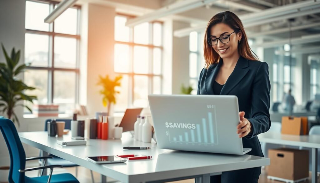 A professional business setting showcasing the advantages of a US purchasing service. In the foreground, a confident businesswoman in a tailored outfit is engaging with a modern laptop, displaying a graph with rising benefits and dollar signs, symbolizing savings and value in purchasing. The middle ground features a sleek desk with various American products, such as electronics and cosmetics, neatly arranged to highlight the diverse offerings. The background is a bright, airy office space with large windows, allowing natural light to flood in, creating an optimistic atmosphere. The color palette includes warm tones with accents of blue, conveying professionalism and trust. The overall mood is dynamic and aspirational, reflecting the advantages and unique features of the service provided by SmileLong.