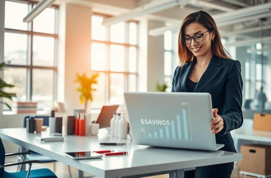 A professional business setting showcasing the advantages of a US purchasing service. In the foreground, a confident businesswoman in a tailored outfit is engaging with a modern laptop, displaying a graph with rising benefits and dollar signs, symbolizing savings and value in purchasing. The middle ground features a sleek desk with various American products, such as electronics and cosmetics, neatly arranged to highlight the diverse offerings. The background is a bright, airy office space with large windows, allowing natural light to flood in, creating an optimistic atmosphere. The color palette includes warm tones with accents of blue, conveying professionalism and trust. The overall mood is dynamic and aspirational, reflecting the advantages and unique features of the service provided by SmileLong.