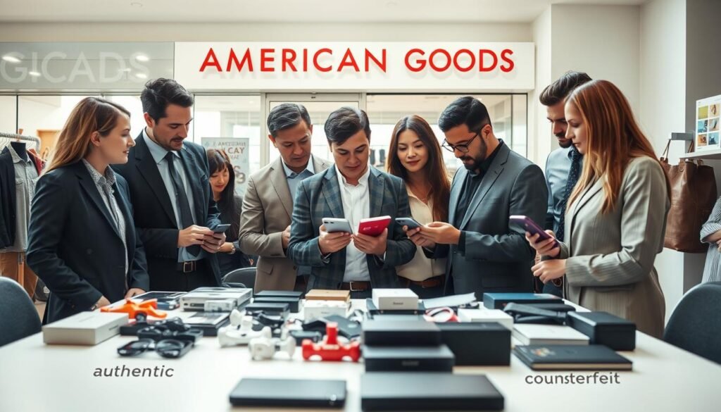 A professional, well-lit scene depicting the concept of identifying genuine American purchasing agents. In the foreground, a diverse group of individuals in business attire are engaged in discussion, examining products such as branded clothing and electronics. Their expressions reflect curiosity and care, emphasizing the importance of authenticity. The middle of the image showcases a table filled with various product items, some clearly labeled as “authentic” and others as “counterfeit,” with a bright, distinct contrast. In the background, a store front with signs indicating “American Goods” subtly enhances the theme. Soft natural lighting streams in from a window, creating an inviting and informative atmosphere. The overall mood is one of diligence and professionalism, emphasizing the seriousness of detecting fake goods.