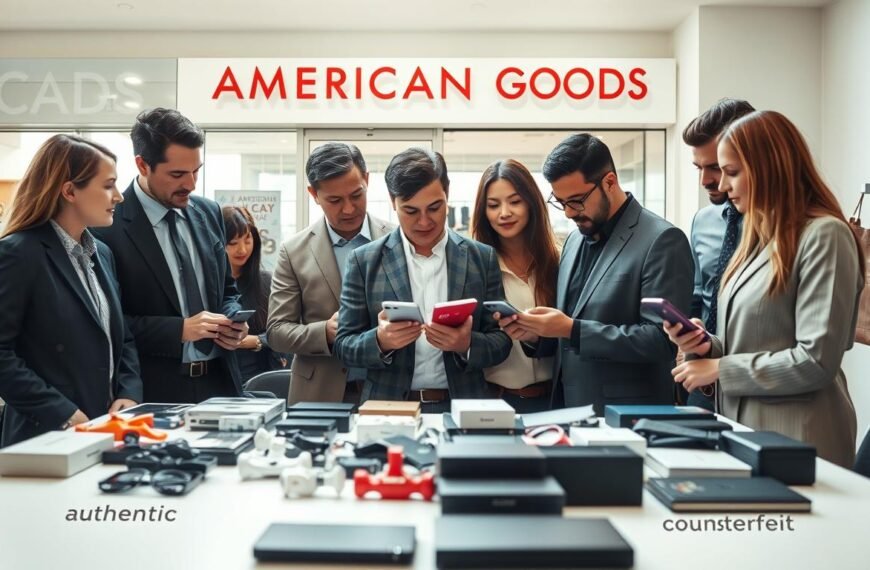 A professional, well-lit scene depicting the concept of identifying genuine American purchasing agents. In the foreground, a diverse group of individuals in business attire are engaged in discussion, examining products such as branded clothing and electronics. Their expressions reflect curiosity and care, emphasizing the importance of authenticity. The middle of the image showcases a table filled with various product items, some clearly labeled as “authentic” and others as “counterfeit,” with a bright, distinct contrast. In the background, a store front with signs indicating “American Goods” subtly enhances the theme. Soft natural lighting streams in from a window, creating an inviting and informative atmosphere. The overall mood is one of diligence and professionalism, emphasizing the seriousness of detecting fake goods.