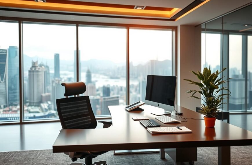 A stylish virtual office scene in Hong Kong, showcasing a sleek, modern workspace in the foreground. Include a large desk with a high-tech computer setup, an ergonomic chair, and documents neatly arranged. In the middle ground, feature a large window displaying a vibrant cityscape of Hong Kong, with iconic skyscrapers and the harbor visible. The background reveals subtle hints of the bustling city life outside, softly blurred to maintain focus on the office interior. Use soft, natural lighting to create an inviting atmosphere with a warm color palette. Add a touch of greenery with potted plants on the desk. The mood is professional and efficient, reflecting the essence of a virtual office as a legitimate registered address for businesses. The composition should convey professionalism without text or distractions.
