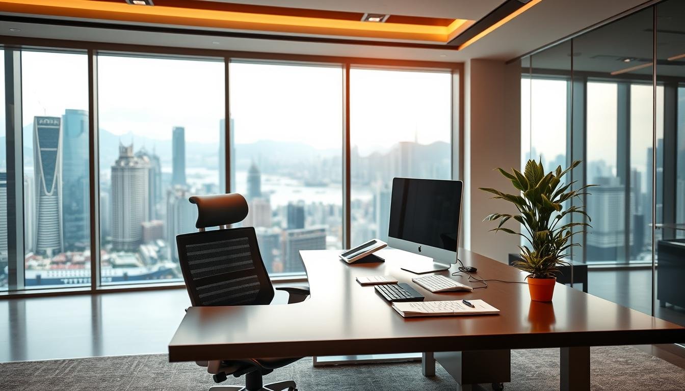 A stylish virtual office scene in Hong Kong, showcasing a sleek, modern workspace in the foreground. Include a large desk with a high-tech computer setup, an ergonomic chair, and documents neatly arranged. In the middle ground, feature a large window displaying a vibrant cityscape of Hong Kong, with iconic skyscrapers and the harbor visible. The background reveals subtle hints of the bustling city life outside, softly blurred to maintain focus on the office interior. Use soft, natural lighting to create an inviting atmosphere with a warm color palette. Add a touch of greenery with potted plants on the desk. The mood is professional and efficient, reflecting the essence of a virtual office as a legitimate registered address for businesses. The composition should convey professionalism without text or distractions.