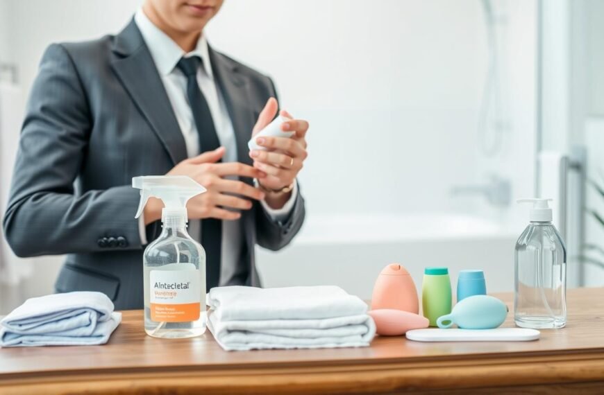 A clean and well-organized workspace dedicated to the proper cleaning methods for personal care products. In the foreground, display an elegant wooden table with various cleaning supplies such as antibacterial wipes, a spray bottle, and soft cloths, arranged neatly beside a few non-intrusive, safe and colorful personal items for educational purposes. In the middle, a professional-looking person dressed in a smart business outfit carefully demonstrates the cleaning process, holding a product while showcasing proper techniques. The background should feature a softly lit, minimalistic bathroom setting with calming colors, creating a serene atmosphere. Use soft, natural lighting to enhance the cleanliness and professionalism of the scene, capturing a close-up angle that emphasizes the cleanliness and care in handling these items.