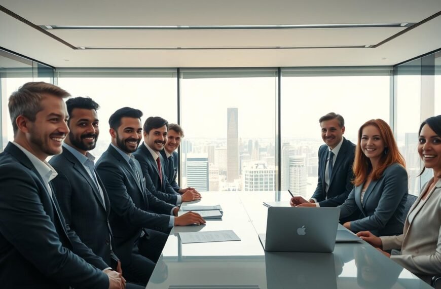 A professional business setting represents the "New Capital Investor Immigration Program," emphasizing its advantages over competitors. In the foreground, depict a diverse group of individuals—men and women of various ethnicities—dressed in smart professional attire, engaged in a discussion around a modern conference table with documents and a laptop in view. In the middle ground, feature a large window providing a panoramic cityscape, symbolizing opportunity and growth. The background should display sleek corporate interiors with soft, warm lighting that creates an inviting atmosphere. Use a wide-angle lens to capture the dynamic scene, focusing on the expressions of enthusiasm and optimism among the participants. The overall mood is one of collaboration and success, highlighting the program's accessibility and family-inclusive benefits.