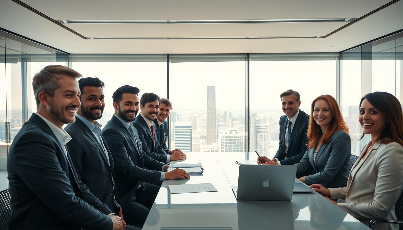 A professional business setting represents the "New Capital Investor Immigration Program," emphasizing its advantages over competitors. In the foreground, depict a diverse group of individuals—men and women of various ethnicities—dressed in smart professional attire, engaged in a discussion around a modern conference table with documents and a laptop in view. In the middle ground, feature a large window providing a panoramic cityscape, symbolizing opportunity and growth. The background should display sleek corporate interiors with soft, warm lighting that creates an inviting atmosphere. Use a wide-angle lens to capture the dynamic scene, focusing on the expressions of enthusiasm and optimism among the participants. The overall mood is one of collaboration and success, highlighting the program's accessibility and family-inclusive benefits.