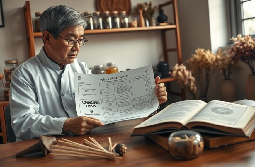 A serene clinic setting focused on traditional Chinese medicine, with a middle-aged practitioner in modest professional attire analyzing a detailed chart on rosacea causes. In the foreground, a wooden table holds acupuncture needles, herbal remedies, and an ancient book on skin disorders. The practitioner is examining the chart under soft, warm lighting that creates a calming atmosphere. Behind them, shelves filled with jars of herbs and dried flowers reflect traditional elements. Natural light filters through a window, illuminating the space. The mood is thoughtful and insightful, capturing the essence of holistic health and the approach to understanding rosacea through traditional Chinese medicine.